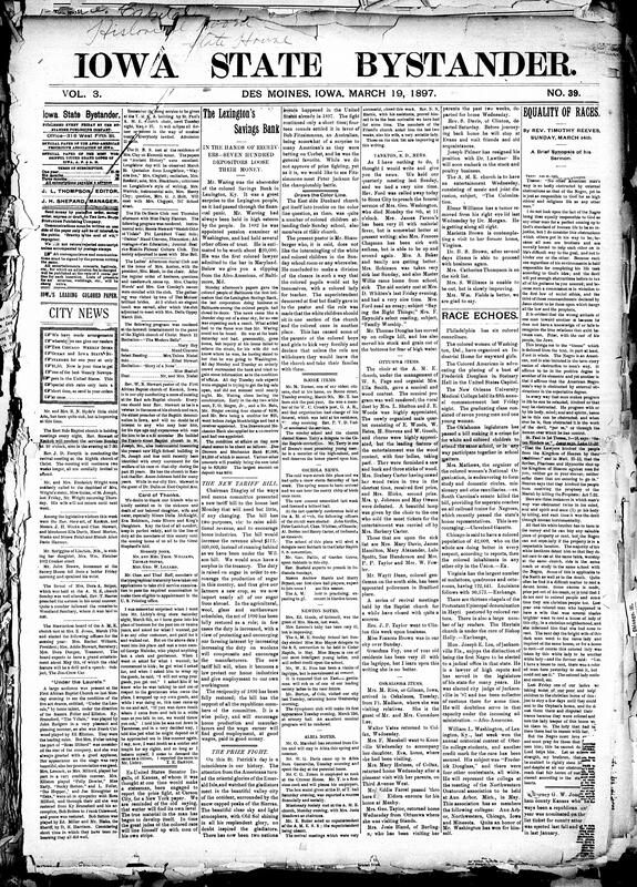 Contents include but are not limited to community news (Albia, Oskaloosa, etc.), Lexington colored bank fails and President Waring escapes with funds, Dingley introduces tariff bill to boost revenue and protect industries, Dunkard church segregates Sunday school and Black members threaten to leave, Rev. Reeves preaches on racial obstacles and spiritual responsibility, Odebolt man murder-suicide, lobbying corruption letter read in House causing speaker to demand investigation, and other topics.