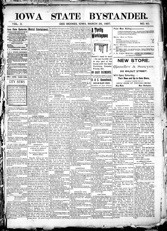 Contents include but are not limited to community news (Keokuk, Omaha, etc.), St. Paul’s AME choir performs acclaimed concert at YMCA, Dolliver delivers speech advocating for protective tariff legislation, Bystander urges character building, debt repayment, and race pride, unidentified vagrant killed by express train near Chariton, Iowa, Iowa crop director predicts increase in spring wheat sowing, powers blockade Crete as Greece and Turkey prepare for war, Spain reportedly near granting Cuban independence due to financial exhaustion, and other topics.
