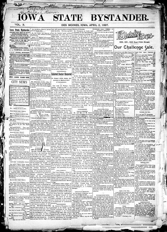 Contents include but are not limited to Dr. Robert Jones Abele appointed to Hahnemann Hospital medical staff, Tuskegee Institute announces closing dates, prizes, and exposition exhibits, community news (Oskaloosa, Cedar Rapids, etc.), South Ottumwa Bank depositors sue banker Colt alleging fraud, Chicago Great Western meat train destroys bridge near Gladbrook, powers blockade Crete with Prince Constantine commanding Greek army on frontier, cyclone destroys Chandler, Oklahoma, killing twenty-six and causing fires, and other topics.