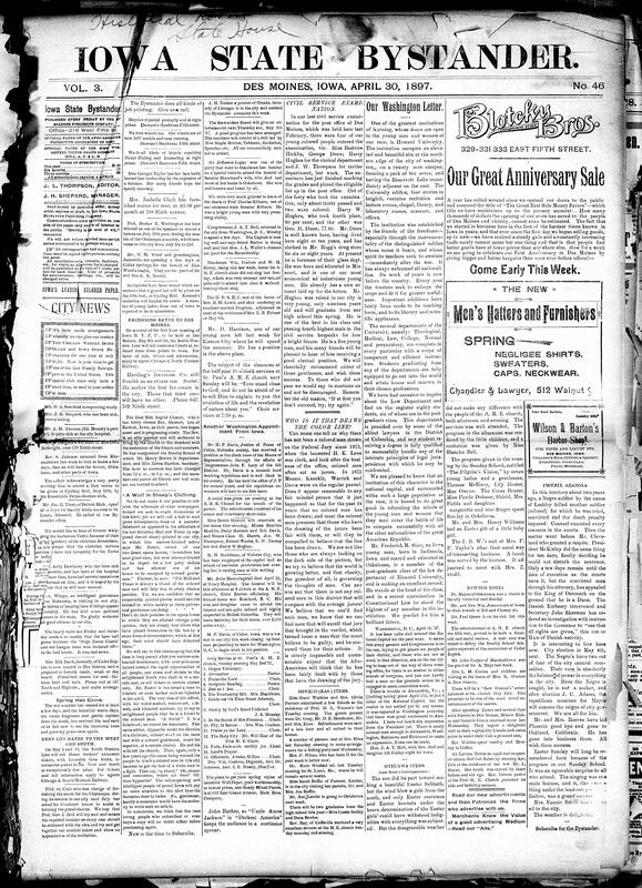 Contents include but are not limited to community news (Ottumwa, Newton, etc.), Black candidates pass Des Moines post office civil service examinations, Bystander condemns Mail and Times for attacking Black opera patrons, Bystander questions exclusion of Black jurors from federal jury service, Washington letter (Howard University praised, Iowa student excels, and Alexandria lynching reported), Iowa Central train wrecks near Steamboat Rock, Greek army retreats and cabinet resigns amidst Athens riots, Democratic Senators delay tariff bill review with passage likely postponed, and other topics.