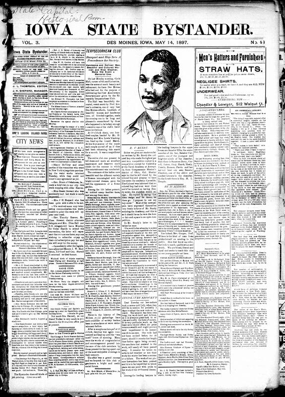 Contents include but are not limited to community news (Knoxville, Boone, etc.), Esmeralda Terpsecorhean Club celebrates anniversary with banquet and dance, R.C. Bundy wins Naval Academy appointment despite threats of prejudice, Iowa legislature recesses after arduous work revising state legal code, Harris-Emery Company hires city’s first Black dry goods clerk, second page of detailed changes to Iowa law, Pinkertons solve Eldon bank robbery with Marshal and gambler arrested, police subdue violent Oskaloosa wife beater, and other topics.