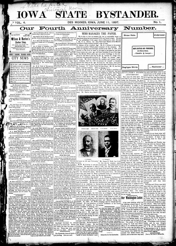 Contents include but are not limited to biographical sketches of Bystander newspaper’s management and editorial staff, three Black students graduate from West Side High School, AME Church holds popular song service with guest soloists, Bystander celebrates 4th anniversary by outlining history and editorial mission, Iowa Grand Army of the Republic holds annual encampment and elections, Sioux City Express cashier goes missing with company funds, powers negotiate armistice terms amid Greco-Turkish War tensions, reports on Brazilian war, Chinese disaster, Minnesota tornado, and other topics.