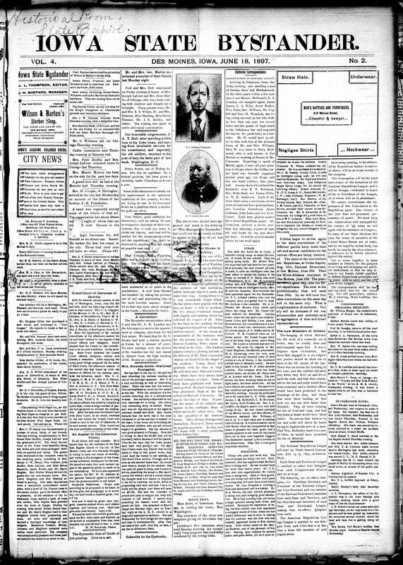 Contents include but are not limited to community news (Oskaloosa, Muchakinock, etc.), Heroines of Jericho hold annual session and elect officers, East Side Baptist Church appeals for funds to save building, editor observations on visits to Oskaloosa, Muchakinock, and Evans communities, Evangelist Amanda Smith preaches in Iowa fundraising for Chicago orphanage, judge grants new trial for alleged Eldon bank robber, federal court dismisses grain shippers' suit against railroad rates, diplomats negotiate peace terms while Turkey violates armistice, United States and Hawaii sign treaty of annexation, and other topics.
