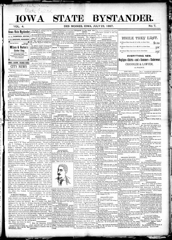 Contents include but are not limited to Booker T. Washington delivers lecture on Southern race problems, General Logan's equestrian statue unveiled in Chicago, House passes Dingley Tariff Bill, Polk County Republicans elect three Black delegates to state convention, community news (Cedar Rapids, Fort Madison, etc.), fire insurance rate war threatens Iowa and Midwest markets, Rock Island Railway contests Ottumwa paving assessment, Sultan yields to powers and accepts frontier settlement terms, U.S., France, and Britain discuss bimetallism and future conference, and other topics.