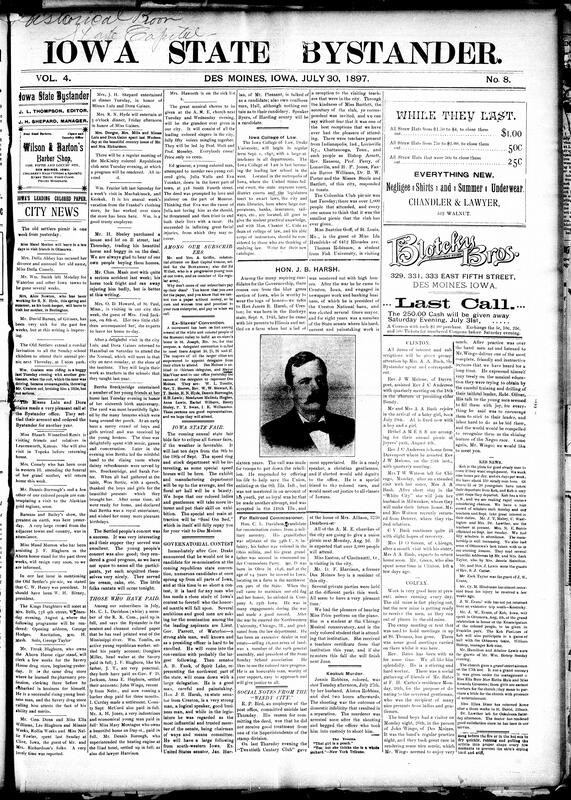 Contents include but are not limited to Iowa State Fair incredible exhibitions and attractions, descriptions of local political candidates, Iowa College of Law announces fall term and educational advantages, community news (Colfax, Clinton, etc.), white mob attacks Black laborers in Arkansas lumber camp, Iowa coal miners strike for wage increase at Forbush, Prohibition candidate Eaton nominated but found ineligible due to residence, Turkey accepts frontier terms and powers agree on war indemnity, British claim to Palmyra Island raises concern regarding Hawaii annexation, and other topics.