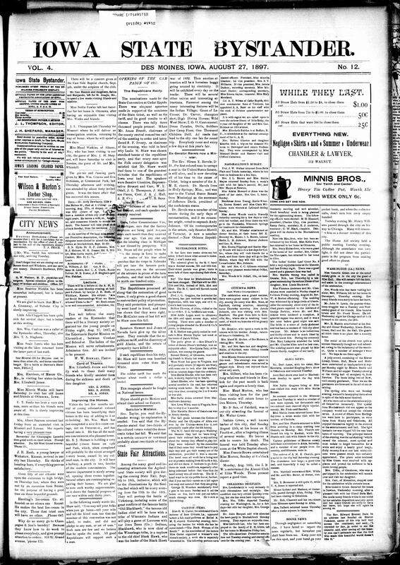 Contents include but are not limited to Iowa Republicans ratify nominations and open campaign at mass meeting, Iowa State Fair attractions, community news (Muchakinock, Ottumwa, etc.), George W. Cox demonstrates electric fire engine to Chicago authorities, Des Moines miners will strike September 1st for dollar scale, Europe faces massive shortage of wheat, rye, and potatoes, war in India, Spain proposes international alliance to suppress and punish anarchists, and other topics.