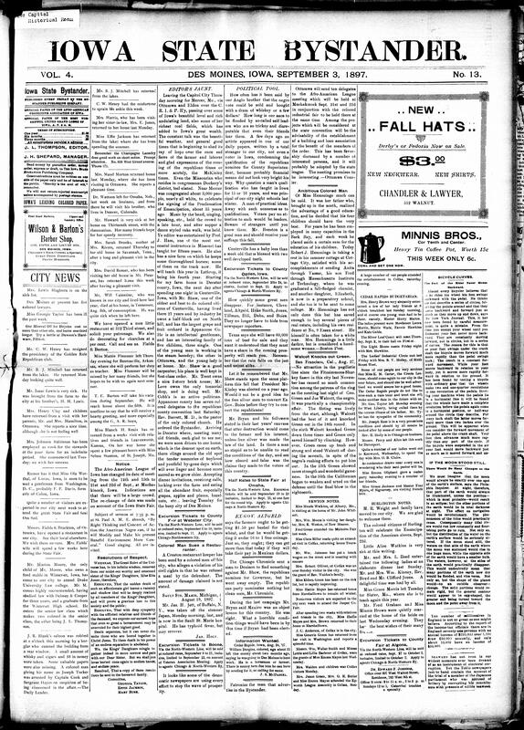 Contents include but are not limited to news editors’ observations during trip, Bystander supports County Superintendent nominee Brenton against criticism, community news (Newton, Burlington, etc.), Joe Walcott knocks out George Green in eighteenth round (boxing), Japanese floods and landslides cause hundreds of deaths and destruction, labor conference denounces injunctions, war in India grows, grain shippers renew legal fight against railroads under anti-trust act, Banderas leads march across Cuba and Spain summons 80,000 reserves, September crop report details Nebraska and Iowa grain statistics, and other topics.