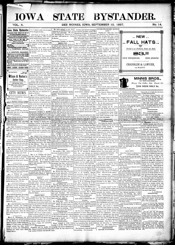 Contents include but are not limited to AME church concert highlights local Black musical talent, Negro Press Association hosts second annual meeting in Kansas, community news (Albia, Oskaloosa, etc.), column reports numerous fatal accidents, train wrecks, and fires, Iowa corn crop suffers significantly from recent heat and drought, yellow fever confirmed in Mississippi with strict quarantines enforced regionally, Germany secures diplomatic victory regarding Turko-Grecian peace treaty terms, and other topics.