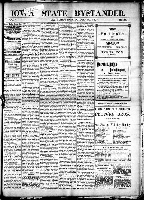 Contents include but are not limited to Bystander endorses Republican candidates for local offices in Polk County, rallying Iowa Republicans to vote and maintain McKinley's prosperity, weddings, Shaw and Milliman meeting during rally, community news (Albia, Keokuk, etc.), diplomatic tension arises after U.S. fails to stop filibustering schooner, dynamite used in Blairsburg bank robbery, masked men horsewhip Nora Springs banker for alleged family abuse, twenty die as Buffalo express plunges into river near Garrison, and other topics.