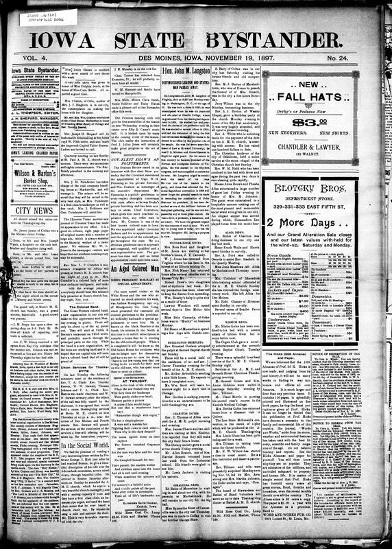 Contents include but are not limited to Governor-elect Shaw political appointments, 103-year-old ex-slave meets McKinley to fund elderly home, distinguished statesman and orator John M. Langston dies at 68, community news (Keokuk, Burlington, etc.), Durrant execution postponed until spring pending Supreme Court review, captured letters (people captured by the British) urge tribesmen to strike, Remley's opinion saves Iowa $20,000 by restricting fair subsidies, defense claims accidental death and Novak's temporary gas-induced insanity, Croker promotes bill creating new Democratic state of Manhattan, and other topics.