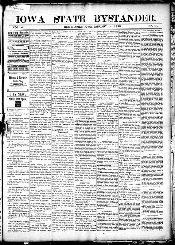Contents include but are not limited to Marcus A. Hanna elected senator after a fiercely contested vote, George H. Woodson narrowly defeated for Senate File Clerk position, several Black men appointed to positions in Iowa's legislature, New York City spends $6,000,000 this year for education, community news (Mount Pleasant, Newton, etc.), Leslie M. Shaw’s message during inauguration as new Governor of Iowa, and other topics.