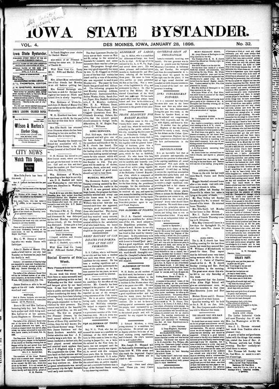 Contents include but are not limited to song services, musical mélange, brief history of candidates for nomination at Des Moines primaries, Governor Shaw at Indianapolis, Iowa congressmen Hull and Hepburn honored by Speaker Reed, Bystander questions Republican loyalty, community news (Albia, Ottumwa, etc.), Iowan arrested for impersonating an officer, fire at New Hampton, Anti-Jewish riots in Algiers lead to pillaging and fatal clashes, Spanish victory claim over Cuba proven a fabrication, Czar of Russia expects peace with Japan, and other topics.