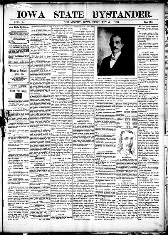 Contents include but are not limited to obituaries, descriptions of Alderman of the Fourth and Second ward, community news (Mount Pleasant, Burlington, etc.), politician criticized for attacking community leaders, table of farm product values in 1897 compared to 1896, Iowa Legislature, Insurance companies paying taxes due to protests, Iowa news (murders and train collisions), Russia sends ten thousand troops to China, and other topics.