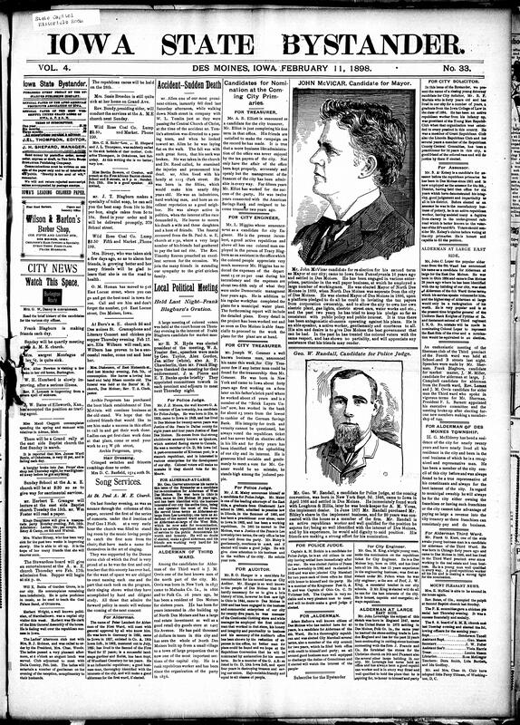 Contents include but are not limited to prominent citizen Mr. Allen dies suddenly on street, candidates for nomination at the upcoming Des Moines primaries, Iowa Senate sub-committee plans Board of Control for state institutions, Iowa State Treasurer advice to appropriation committee, mob attempts to lynch murderer in Burlington, Spanish Minister Dupuy de Lôme resigns after letter insults President McKinley, other topics.