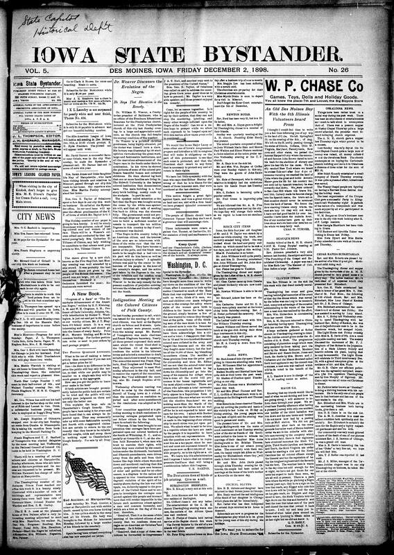 Contents include but are not limited to Dr. Weaver says education is the remedy for prejudice, Polk County's Black citizens protest Southern racial violence, community news (Sioux City, Dubuque, etc.), T. E. Barton argues against surrendering Black voting rights for safety, father-daughter murder-suicide in Decorah, Iowa, Rev. Theodore N. Morrison of Chicago elects Iowa bishop, Spain unconditionally accepts America's peace demands for colonies, major blizzard causes many shipwrecks and deaths on Atlantic coast, and other topics.