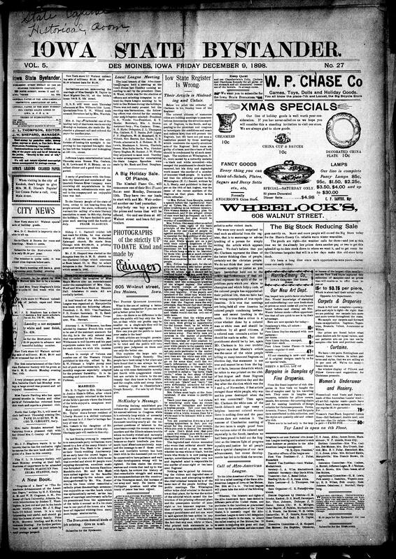 Contents include but are not limited to Bystander refutes Iowa State Register's editorial on Wilmington race riot, Afro-American League local branch elects officers and delegates, President McKinley's message to Congress omits recent race wars, Christmas goods advertisement, condensed report of President McKinley’s second annual report (covering war, expansion, and domestic affairs), Congress reports, and other topics.