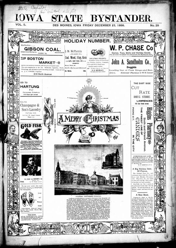 Contents include but are not limited to large front-page Christmas special (full of advertisements, drawings, and a special mention of the Central Tennessee College), various notes on current scientific topics of the time (typhoid carried by flies, portable elevator, picture puzzle, etc.), storiettes, and other topics.