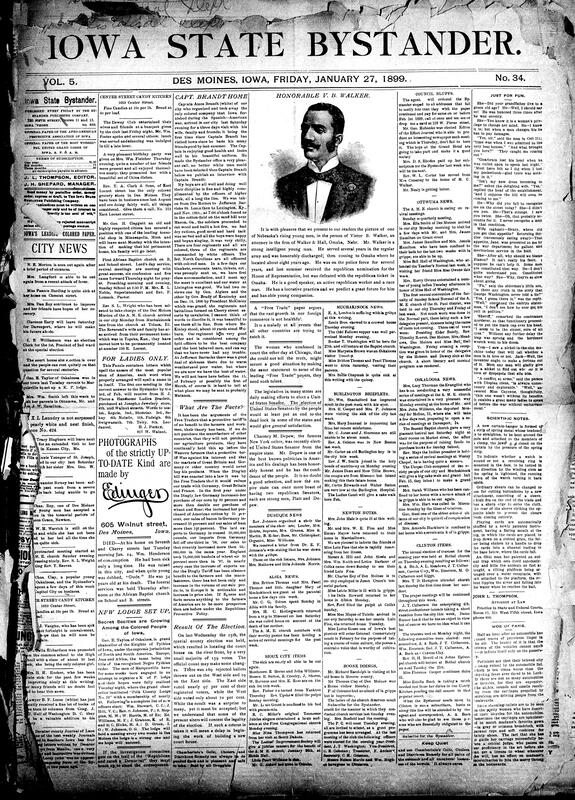 Contents include but are not limited to new lodge set up by Knight of Pythias, Captain Amos Brandt interview, results of Iowa special county elections, drawing and praise for local figure Victor B. Walker, community news (Muchakinock, Burlington, etc.), General Eagan court martial continued, potential advance pay for American soldiers in Cuba, Iowa State Board of Control, fire at Iowa falls, Philippine-American war, Russia defies England, and other topics.
