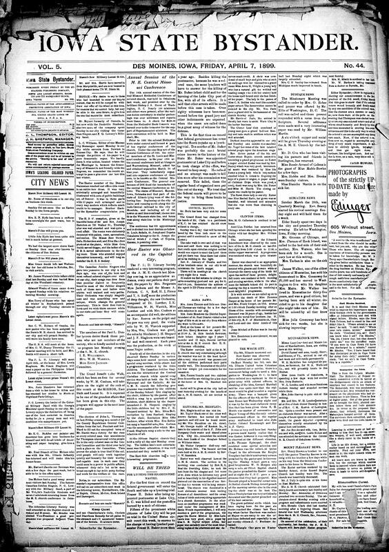 Contents include but are not limited to 14th annual session of Central Missouri Methodist Conference, easter observation in Des Moines, federal government to try prominent citizens for lynching postmaster, community news (Council Bluffs, Muscatine, etc.), Iowa fruit crop damage from winter not as bad, judge rules Iowa insurance companies must pay local taxes, U.S. proclamation promises liberty and self-government to Filipinos, and other topics.
