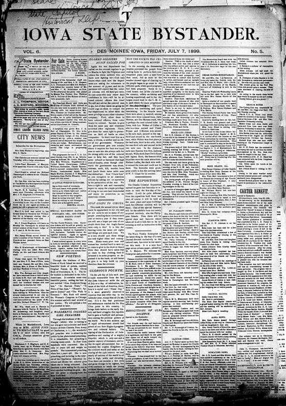 Contents include but are not limited to Black soldiers called to fight in Manila, Bystander advises against going to circuses, Fourth of July celebration, Omaha Colonial Exposition, community news (Sioux City, Mt. Pleasant, etc.), robbery at DeWitt, Texas flood causes immense losses and deaths, Alaska boundary dispute negotiations with Britain are near crisis, Iowa troops repel minor rebel attack in Manila, and other topics.