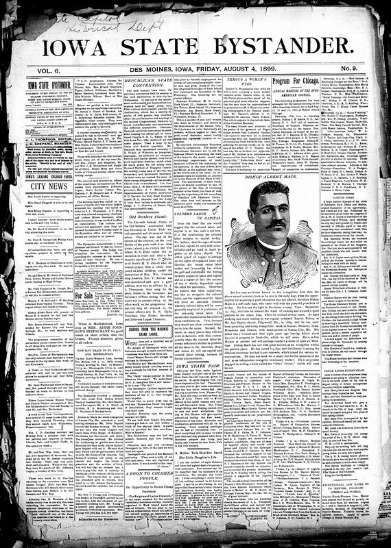 Contents include but are not limited to Iowa Republicans renominate Governor Shaw, Old Settlers' Association holds its eleventh annual picnic successfully, union labor's prejudice forces capital to consider Black workers, Iowa State Fair promises new attractions, detailed and high-quality depiction of self-made evangelist Bishop Albert Mack, annual meeting of Afro-American council, community news (Cedar Rapids, Clinton, etc.), Iowa captain suspended for cowardice in the Philippines, Shaw and Milliman head to Republican State Ticket once more, and other topics.