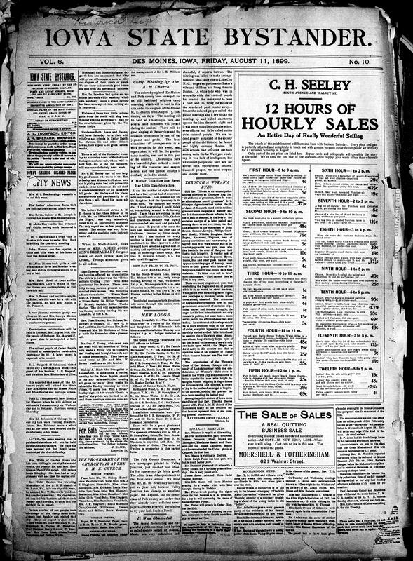 Contents include but are not limited to A.M.E. Church plans ten-day religious camp meeting in Des Moines, International Order of Twelve installs new lodge officers in Colon, community news (Muchakinock, Iowa City, etc.), three Fifty-first Iowa members are officially marked as deserters in Philippine-American war, railroad commission rules company can remove siding and station, General Weaver and Governor Shaw debate the Philippine question, and other topics.