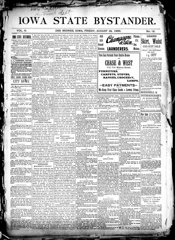 Contents include but are not limited to four prisoners escape Des Moines jail in a sensational break, Iowa State Fair promises the best event with many attractions, two railroad brakemen murdered by tramps near Marshalltown, Republican committee won't settle "Big Five" senatorial nomination contest, Emancipation celebration in Mercer features orator John L. Thompson, Colored Knights of Pythias hold annual meeting and elect officers, two gigantic coal trusts with $104,000,000 capital form in Pittsburg, Paris mob riots, and other topics.