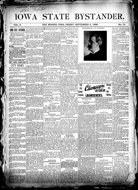 Contents include but are not limited to AME Conference, emancipation celebration, Admiral Dewey to receive grand reception and silver cup in New York, Avery College seeks Black student applicants, success of Iowa State Fair, Bystander endorsement for Albert B. Cummins for the U.S. Senate, talented people in Keokuk, community news (Marshalltown, Ottumwa, etc.), plan to muster out Fifty-first Iowa on their ship home, South-African war, Alfred Dreyfus trial, and other topics.