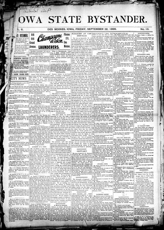 Contents include but are not limited to Bystander condemns massacre of Black miners in Carterville, Illinois, obituaries, community news (Albia, Muchakinock, etc.), U.S. refuses responsibility for Cuban debt incurred by Spain South African war situation, conductor's slow watch causes fatal train collision near Kansas City, Iowa institutions compare favorably with those of other states, and other topics.