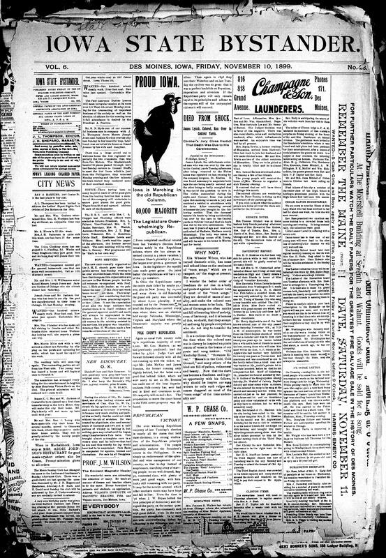 Contents include but are not limited to Republicans win in Iowa elections by an almost 60,000 plurality, election results in other states (Republicans winning Ohio, Massachusetts, and Kentucky; Democrats winning Maryland and Nebraska), South-African war (battle at Ladysmith), trial results for attempted murders, Waterloo fireman fatally injured, suicide at Marion, community news (Evan’s, Albia, etc.), and other topics.