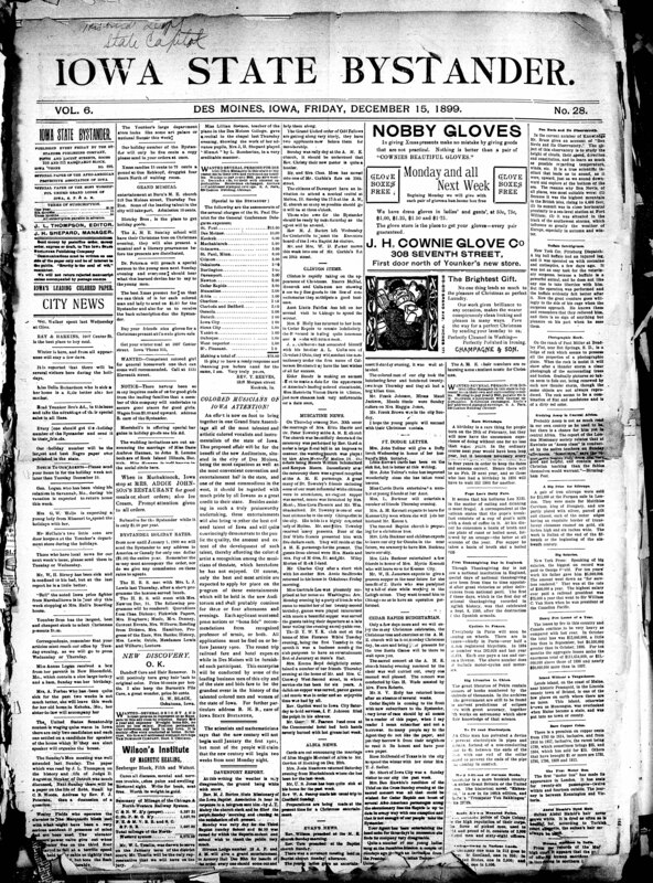 Contents include but are not limited to Iowa Horticultural Society asks Congress for protection from San Jose scale, murders in Iowa, smallpox reports in Coalfield, Philippine General Gregorio del Pilar killed by American sharpshooter, South African War, new Governor of Kentucky is inaugurated (W. S. Taylor), mayor of Tunis reveals hiding place of 10,000 Cuban arms, and other topics.