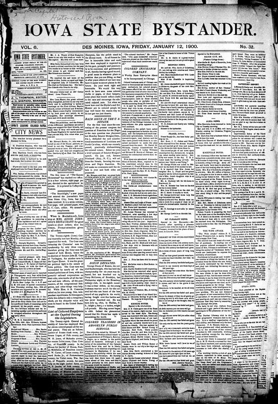 Contents include but are not limited to list of Black employees at Iowa General Assembly, U.S. Senate debates Black franchise, George Dixon defeated, Black insurance company plans in Chicago, community news (Knoxville, Fraser, etc.), property redemption notices, advertisements (medicine, stocks, etc.), and other topics.