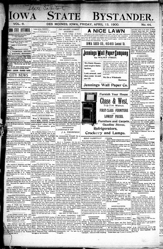 Contents include but are not limited to Storm Lake bank cashier found drowned, many smallpox cases being reported, Governor Shaw issues Iowa's first life parole, insurance industry lobbies Governor Shaw to veto valued policy bill, judge orders public vote on railroad bond issue in Nevada, Iowa Senate adjourns and passes bills, U.S. senate debates, Rob Cleverdale’s Adventure, band other topics.