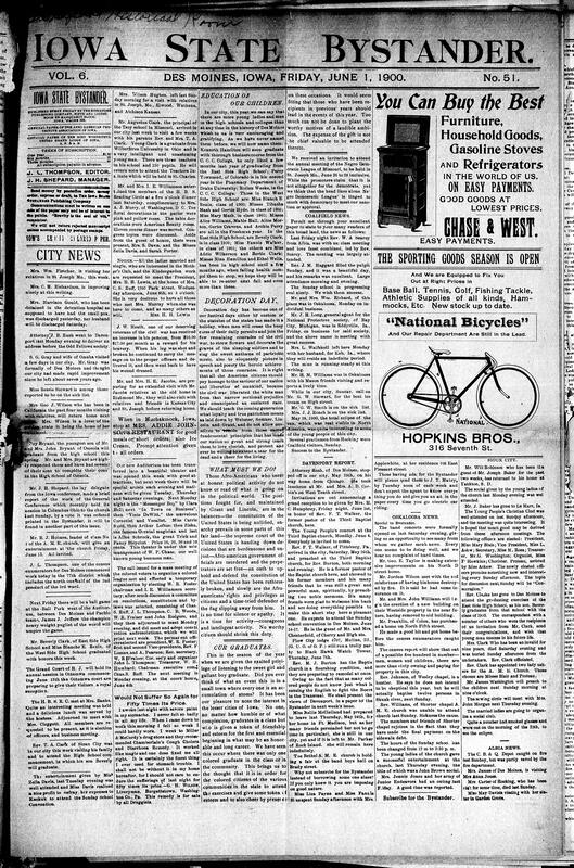 Contents include but are not limited to Des Moines sees increased Black student enrollment in higher education, Decoration Day honors Civil War deceased, African Americans urged to fight for rights amidst political erosion, community news (Albia, Oskaloosa, etc.), vast iron ore deposits located, dynamite explosion on St. Louis streetcar tracks, China-Russia tensions escalate, and other topics.