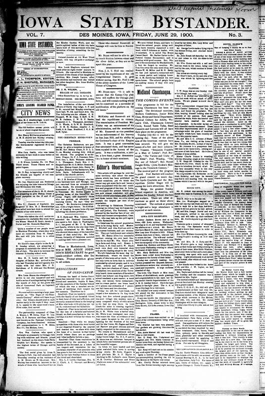 Contents include but are not limited to news editors’ observations, community news (Fraser, Clinton, etc.), Midland Chautauqua announces diverse program of lectures and music, maniac murders in Cedar Rapids, robberies, international relief force advances on Peking after Tien Tsin casualties, exposures of hospital mismanagement in South Africa supposedly stir British, Cuban policeman acquitted of killing American, and other topics.