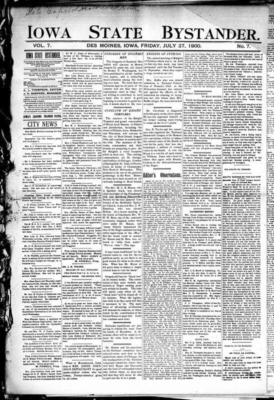 Contents include but are not limited to Iowa's Black representatives praised for Republican loyalty and racial advocacy, Black veterans of 60th US Colored Infantry urged to take part in "Battle Flag Day”, Ida B. Wells exposes Memphis lynching in London, Afro-American League condemns Southern lynchings, mob lynches Black man in jail corridor, Koreans and Chinese attack Japanese garrison in Seoul, and other topics.