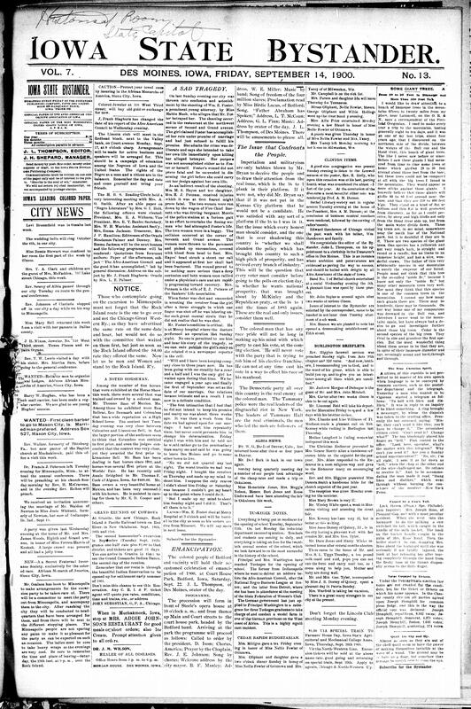 Contents include but are not limited to prominent attorney shot by woman over broken promise, community news (Burlington, Tuskegee, etc.), President Kruger's flight signals potential end of Boer resistance, Galveston hurricane causes 4,000 deaths and massive damage, Russia's ultimatum to China is rejected by Li Hongzhang, American cavalry ambush and kill 30 Chinese imperialists, and other topics.