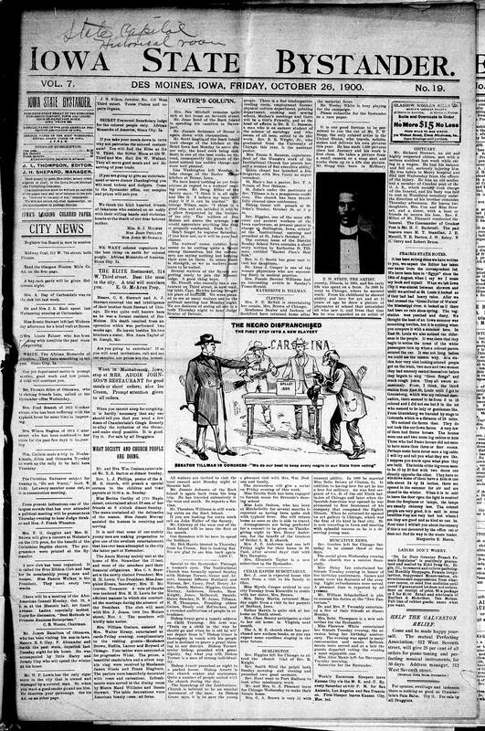 Contents include but are not limited to artwork on Black disenfranchisement, community news (Prairie State, Muscatine, etc.), obituaries, farmer robbed after giving a ride, bank teller defaults on $700,000 and becomes fugitive, Spanish government in crisis over Weyler's appointment, new appointed president of Des Moines College, expedition to Java, Boer War siege guns mysteriously disappeared, and other topics.