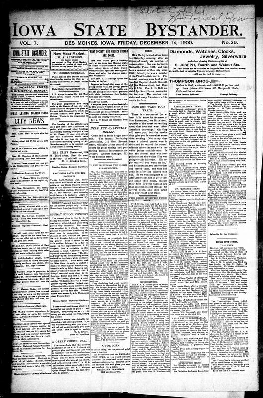 Contents include but are not limited to community news (Marshalltown, Sioux City, etc.), Bystander warns of racist restaurant, obituaries, Ames Agricultural College main building almost destroyed by fire, husband forges wife's and sister's names for money, British newspapers condemn US Senate's Hay-Pauncefote Treaty amendments, Allied powers agree to a joint note on China, and other topics.