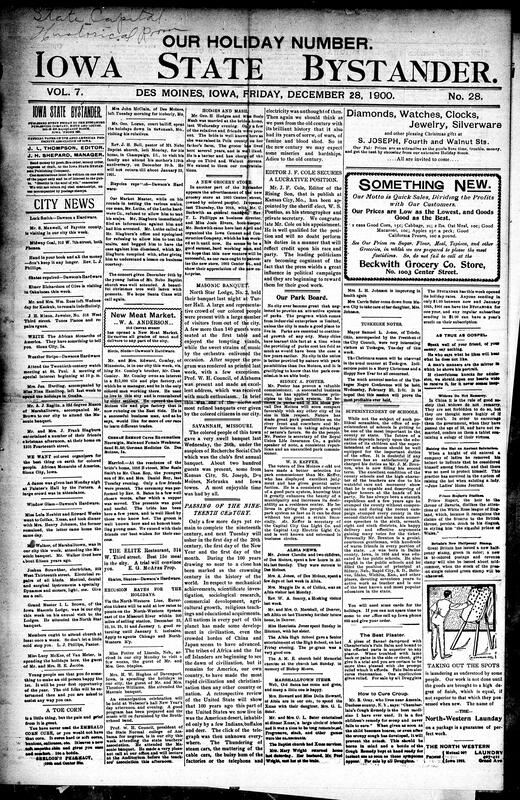 Contents include but are not limited to new grocery store opening, community news (Albia, Marshalltown, etc.), a reflection on the nineteenth century's progress and a look forward, masonic banquet, 49 children drown after ice breaks while skating in What Cheer, General Kitchener's forces are busy fighting Boers in South Africa, Boers invade Cape Colony, evidence linking Henry Youtsey to the Goebel assassination is found, and other topics.