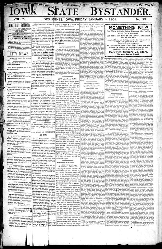 Contents include but are not limited to Des Moines celebrates Emancipation Day, community news (Muchakinock, Boone, etc.), Elza Booker allegedly sentenced for loving a white woman, movement to establish a Black government in Africa, church column (AME), Queen Victoria honors Field Marshal Lord Roberts, China promises to punish Boxer leaders, Iowa veterinarian law regulations, Cape Town fears Boer advance, and other topics.