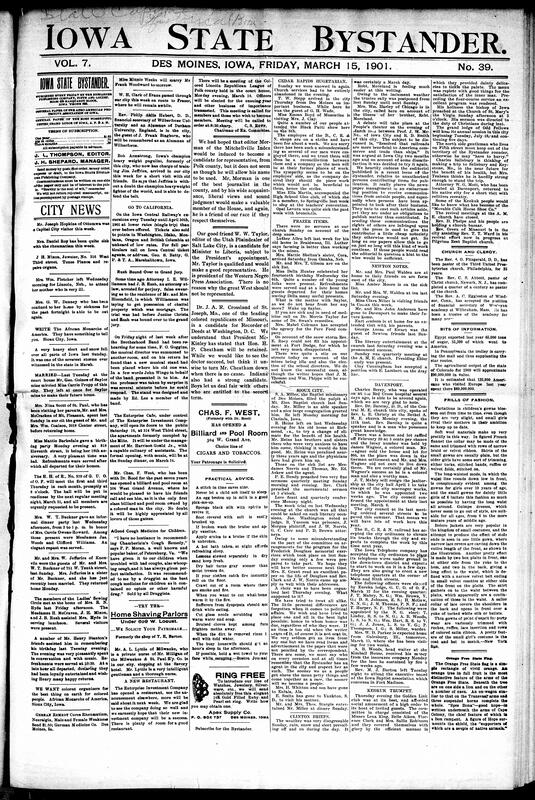 Contents include but are not limited to community news (Frazer, Newton, etc.), railroads going to California from Iowa, collection of household tips, farmer finds a large sum of money in a basement wall, University of Iowa fire causes nearly $150,000 in damage and losses, Ex-President Benjamin Harrison dies from pneumonia, President McKinley proclaims a 30-day mourning period for Harrison's death, natural gas fire in Cloverland, Kentucky leaves many homeless, and other topics.