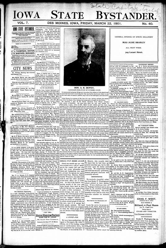 Contents include but are not limited to Bystander promotes Civil War veteran as candidate for judge of Supreme Court, community news (Davenport, Albia, etc.), smallpox outbreak in Iowa county jail, Russia and Great Britain agree to withdraw troops from Tien-Tsin (Tianjin), British government avoids investigating the South African war, Boer commanders offer to cease fighting for certain conditions, Des Moines City Council cannot license slot machines, St. Petersburg students riot, and other topics.