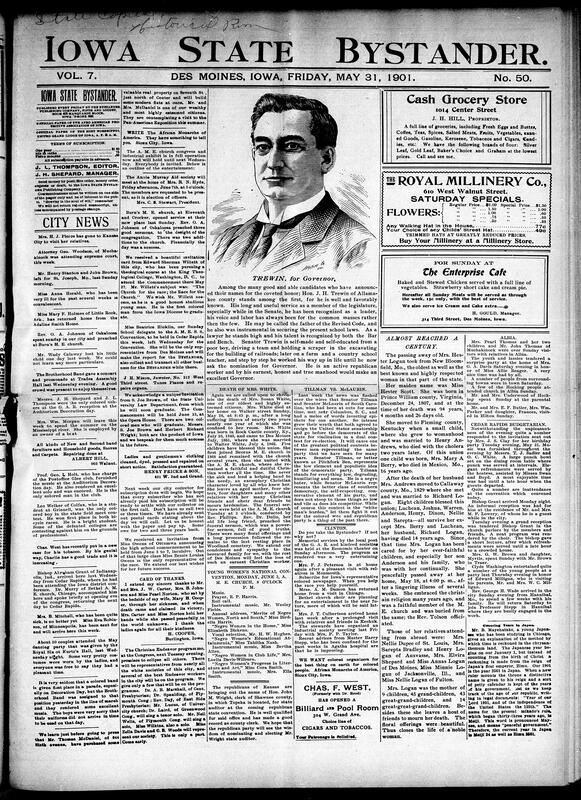 Contents include but are not limited to death of a near centenarian and Civil War veteran George A. Stone, community news (Clinton, Cedar Rapids, etc.), Bystander promotes republican candidate for governor, list and number of gubernational nominations in Iowa, Supreme Court rules that the Constitution doesn't automatically apply to U.S. territories, Black man burned at the stake, Senators Tillman and McLaurin resign to settle rivalry via primary election, Cuban constitutional convention narrowly accepts the Platt Amendment and other topics.