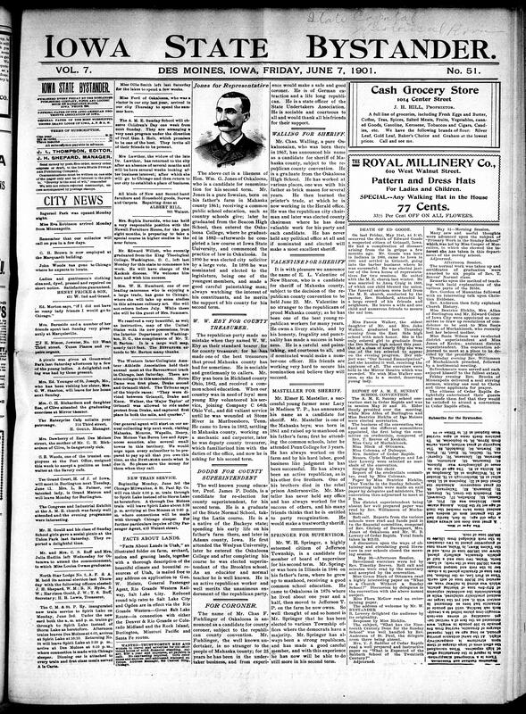 Contents include but are not limited to Bystander promoting various candidates for local elections, AME Sunday school convention report, updated gubernatorial nomination with Cummins leading, new elected commander of Iowa's Grand Army, Senators Tillman and McLaurin withdraw resignations amid political drama, unusually cold June weather kills crops in Oregon and Idaho, German expedition members killed and eaten on St Matthias, Philippine officials fear financial impact from U.S. Puerto Rico decision, and other topics.