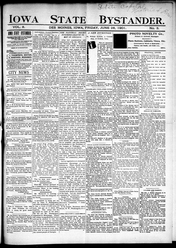 Contents include but are not limited to Black inventor patents a fruit gathering device, community news (Moline, Twin Cities, etc.), collection of practical household tips, continued NNBL meeting announcement, two drowned at Ames, Republican county conventions continue for gubernatorial nomination, fire destroys Iowa City's Citizens' Savings and Trust building, Congressman Hull advocates for business franchises to develop the Philippines, Herbert Spencer argues war fosters barbarism and not a good civilization, British and Boers fight for control of a captured convoy, flood in West Virginia kills over 100 people, and other topics.