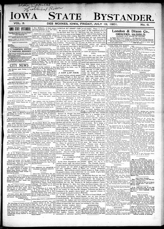 Contents include but are not limited to new Black-owned law firm established, streetcar accidents, Albert Cummins is people’s choice for governor according to delegate counts, Masonic Grand Lodge of Iowa meeting, community news (Clarinda, Mt. Pleasant, etc.), Minister Conger withdraws from the Iowa gubernatorial race, negotiations to settle a Chinese indemnity stalled due to Britain and Russia, new and large oatmeal mill is being planned for Des Moines, Japan withdraws its request for increased indemnity from China, Russia and the United States are supposedly nearing the end of their tariff dispute, and other topics.