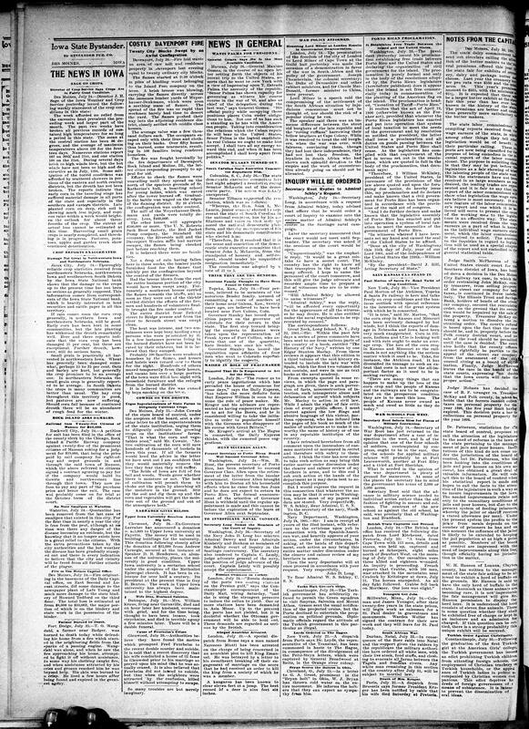 Contents include but are not limited to Bystander recommends self-study to improve themselves, death of a Black veteran, message to Black Republican leaders, Clarinda Black citizens to hold an Emancipation Day celebration, community news (Evans, Saylor, etc.), union president in disguise warns strikers against violence, market report details trading prices for wheat, corn, oats, and pork, bubonic plague is confirmed in New York and San Francisco, and other topics.