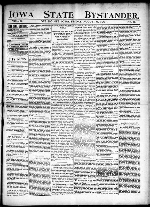 Contents include but are not limited to Senator Ben Tillman delivers a radical, racist speech against Black people, Republican State Convention had the largest-ever attendance of Black delegates, community news (Oskaloosa, Ottumwa, etc.), Iowa State Normal School requests nearly $150,000, steel workers begin general strike against U.S. Steel, General McArthur report on Philippine-American War, and other topics.