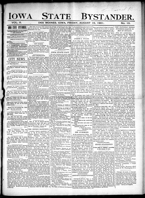 Contents include but are not limited to Iowa State Fair preparations, Black community condemns Senator Tillman's speech, news editors’ observations, Albert B. Cummins nominated for Iowa governor, Alabama poll tax statistics show Black people paid more, continued NNBL meeting announcements in Chicago, Ottumwa syndicate strikes oil, fire at Cleveland water works crib kills twelve, rebels advance on Panama and Colon, royal scandals in Europe, and other topics.